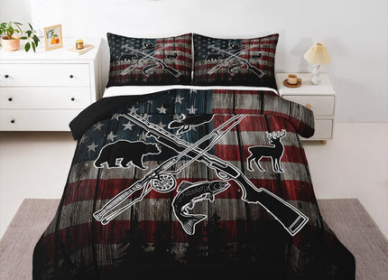Homewish Retro American Flag Comforter Set Twin Size,Hunting and Fishing Bedding Set,Duck Deer Bear Bass Fish Wild Animals Theme Quilt Set for Kids Boys Men Teens Room Decor,Rustic Duvet Insert 2Pcs