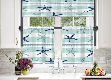 BaoNews Coastal Navy Blue Blackout Kitchen Curtain, Coastal Starfish Repeat Pattern Navy Blue Turquoise Window Treatment Rod Pocket Light Filtering Bathroom Short Valance 1 Pack 52X18 Inches