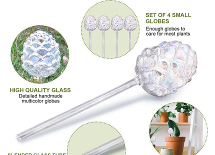 Welhammsae 4 PCS Plant Watering Globes for Indoor Plants, Pinecone Shape Self Watering Globes, Iridescent Glass Self Watering Planter Insert, Hands-Free Watering Devices for Vacation