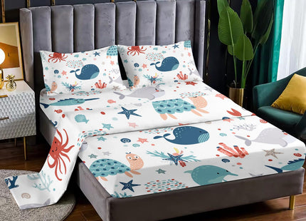 XYNHML Sea Turtle Fitted Sheet Full Beach Theme Dolphin Starfish Seaweed Bed Sheet Set 4Pcs Reptile Sea Animal Octopus Reptile Bed Cover for Teens Includes 1 Fitted Sheet,1 Flat Sheet,2 Pillowcases