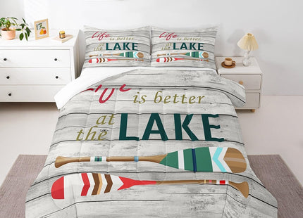 Castle Fairy Green Oar Comforter for Kids Boys Girls Lake Boating All Season Cozy Comforter Set Full Size Rustic Style Wooden Stripes Duvet Set Home Decor，2 Pillowcases