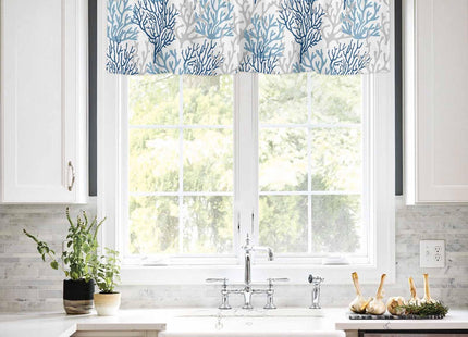 Wowouhiya Navy Blue Coral Coastal Kitchen Curtains Set Small Half Curtains 24 Inches Length, Summer Beach Seaside Nautical Rod Pocket Window Treatment Bedroom Tiers and Valance Set for Cafe Bathroom