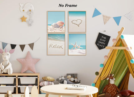 Boat Wades Beach Seashell Starfish Unframed Wall Art Prints,Coastal Posters & Prints For Living Room Home Decor,Blue Ocean Theme Posters Pictures 8x10 Set Of 4