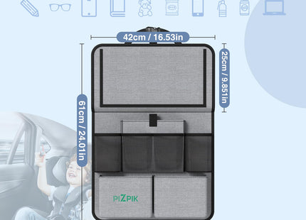 Plzpik Car Backseat Organizer with Tablet Holder,11 Storage Pockets with Foldable Food Tray, Protector Kick Mats for Kids, Travel Accessories Organizer (Gray, 1Pack)