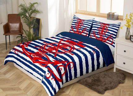 Anchor Comforter Cover Queen Size Nautical Compass Duvet Cover For Kids Boys Girls Teens, Geometric Stripes Bedding Set Ocean Sailboat Retro Theme Bed Set With 2 Pillow Cases, Navy Blue And Red