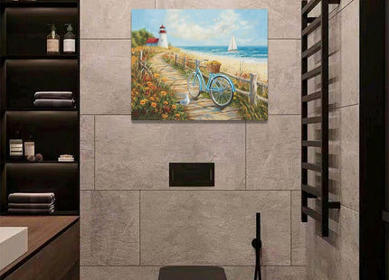Olivine Coastal Wall Art, Beach Bicycle Pictures Wall Decor, Lighthouse Painting, Ocean Seascape Canvas Prints, Framed Artwork for Living Room Bedroom Bathroom Kitchen Office Home Decoration 20"x16"