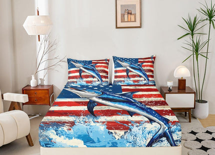 Marlin Swordfish Bed Sheets Boys American Flag Fitted Sheet, Hunting and Fishing Sheet Set for Kids Teens Adult Bedroom Marine Life Ocean Animal Top Sheet with 1 Pillow Case, Blue Red, Twin