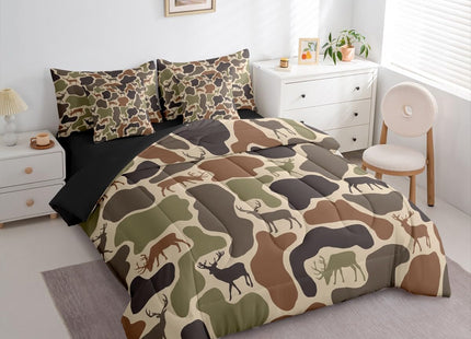 Erosebridal Camo Deer Comforter Set 7 Pcs Camouflage Hunting Deer Bedding Sets for Kids Teens Green Military Army Camo Bed in A Bag Queen Country Hunter Wildlife Sheet Set with Comforter