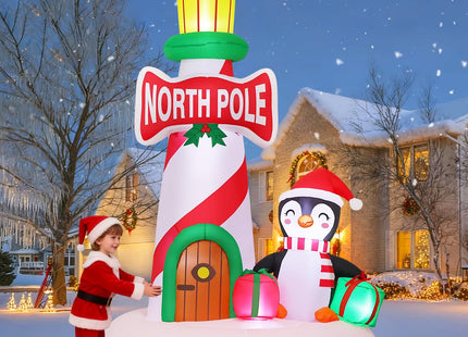GOOSH 10 FT Chriatmas Inflatables Lighthouse Decorations Blow Up Yard with Penguin Built-in LEDs for Garden Lawn Indoor Party Decor