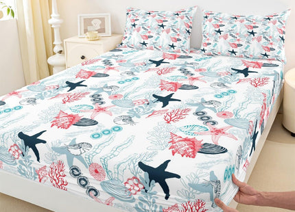 Ocean Beach Sheet Set Full Size,Seashell Conch Seahorse Starfish Coral Bed Sheet Sea Coastal Bedding Set for Kids Boys Girls Woman Room Decor Pink Blue White Fitted + Flat Sheet,2 Pillowcases