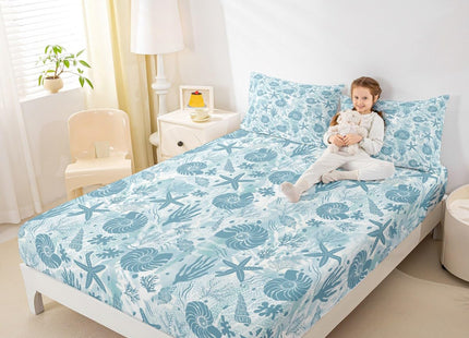 Seashell Conch Starfish Coral Fitted Sheet Queen Size,Coastal Ocean Beach Bedding Set 3Pcs,Underwater Life Print Bed Sheet Navy Blue Tie Dye Deep Pocket Sheet for Kids Teens Adult Bedroom Decor