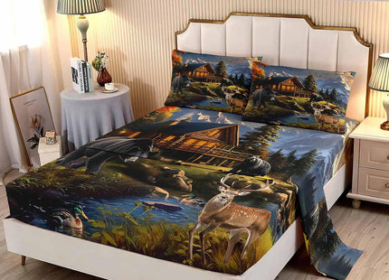 LUVIVIHOME 4PCS Deer Sheets Set, Twin Bed Sheets, Black Bear Moose Mallard Duck Woodland Animal Hunting Lodge Rustic Cabin Country Farmhouse Bedding Set, 1 Fitted Sheet & 1 Flat Sheet & 2 Pillowcases
