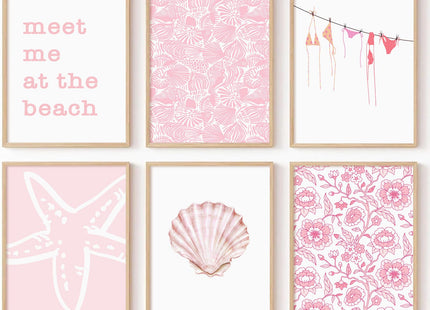 Pink Beach Wall Art Preppy Coastal Canvas Wall Decor Summer Aesthetic Pictures Girl Beachy Granddaughter Posters Ocean Shell Starfish Art Prints for Girl Room Bedroom 8x10 Inch Unframed Set of 6