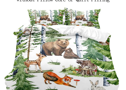 LUVIVIHOME 2PCS Deer Bear Duvet Cover Twin, Toddler Baby Boys Girls Kids Bedding Set, Cute Fox Rabbit Racoon Owl Green Forest Animals White Comforter Quilt Cover, Woodland Nursery Decor, 1 Pillow Sham