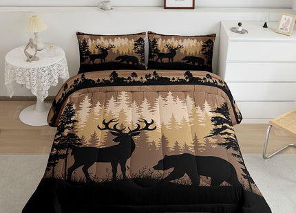 Erosebridal Rustic Full Comforter Set Farmhouse Cabin Lodge Bedding Sets Hunting Wild Bear Deer Down Comforter for Kids Boys Teen Men Hunter,Country Woodland Pine Tree Wildlife Quilt Duvet 3 Pcs