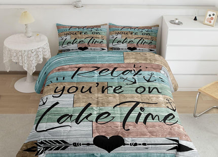 Erosebridal Lake House Decor Comforter Set, Rustic Wooden Barn Quilt Twin, Retro Country Farmhouse Duvet Insert for Kids Boys Teens Adult, Grunge Arrows Love Heart Bedding Comforters, Green Brown