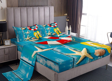 Ocean Themed Bed Sheets Set Full, Rustic Farmhouse Sheet Set, Coastal Lodge Cabin Flat Fitted Sheet, Starfish Seashell Sheets, Life Buoy Flip Flops Printed Bed Set 4Pcs with 2 Pillow Cases