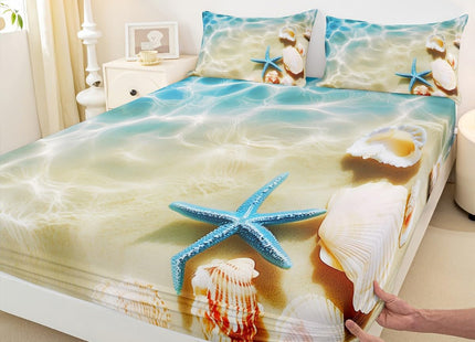 Erosebridal Ocean Bed Sheets Set King Beach Fitted Sheets Coastal Nature Theme Pattern Teal Flat Sheet Boys Girls Hawaiian Top Sheet Sea Wave Animals Starfish Sheet Set 2Pillow Cases, Blue Room Decor