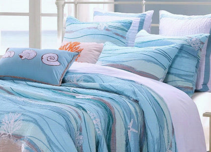 Finely Stitched Coastal Seaside Cottage Quilt Set with Shams Sea Shell Print Pattern Ocean Blue 100 Cotton Luxury Reversible 3 Piece King Size Bedding - Includes Bed Sheet Straps