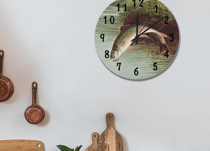 ArogGeld Rainbow Trout Fish Wall Clock Rod Inn FishingWall Clocks Battery Operated 15 Inch Quiet Non-Ticking Farmhouse Hanging Clock Modern Wall Decor for Living Room Kitchen Bedroom Office