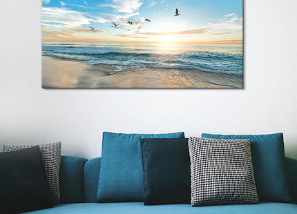 Goldfoilart Ocean Beach Sunset Canvas Wall Art for Bedroom Seagull Seascape Paintings Coastal Picture Framed Artwork for Bathroom Living Room Office Decor 20" x 40"