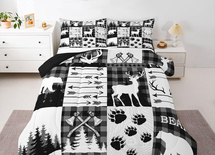 Erosebridal Rustic Patchwork King Comforter Set for Boys,Black White Grey Plaid Animal Kids Comforter Hunting Bear Deer Quilt Set for Teen Men,Country Farmhouse Lodge Wildlife Bed Set 2 Pillow Cases