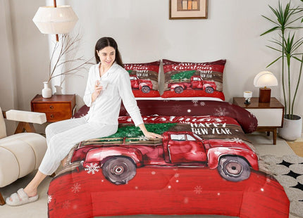 Merry Christmas Theme Bedding Duvet King Size,Pine Tree Retro Red Farm Truck Plants Comforter Set,Snowflakes Wooden Quilted for Kids Boys Girls Bedroom Decor and Festival Gift,2 Pillowcases