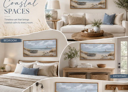 Framed Beach Coastal Lighthouse Canvas Wall Art 16X32 Inch
