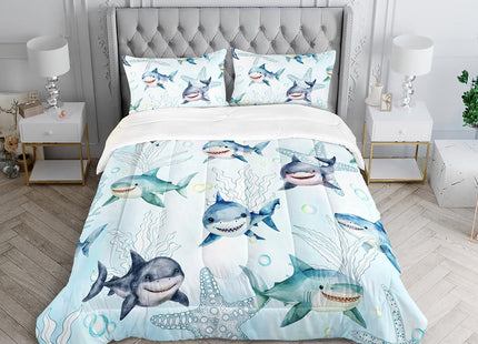 XYNHML Boys Blue Ocean Shark Comforter Set Full Size Shark Starfish Bedding Sets Seaweed Quilt Bed Set for Kid Girls with 1 Comforter and 2 Pillowcases