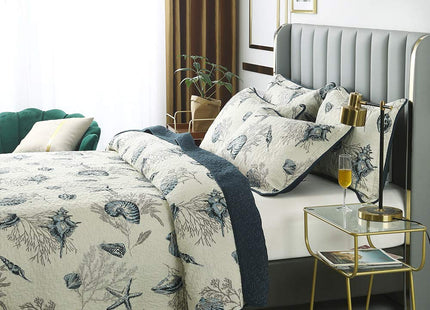 Brandream Queen Size Blue Ocean Quilted Comforter Set Nautical Bedding Set 100% Cotton Bedspread Coverlet Set 3-Piece