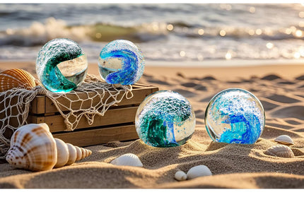 JUYOULE Hand Blown Glass Decorative Balls：Unique Ocean Wave Design, Elegant Paperweights for Office Desk, Coastal Room Decor, Beach Bathroom Decor, Sea Glass Art, Ocean Gift Idea （Blue）