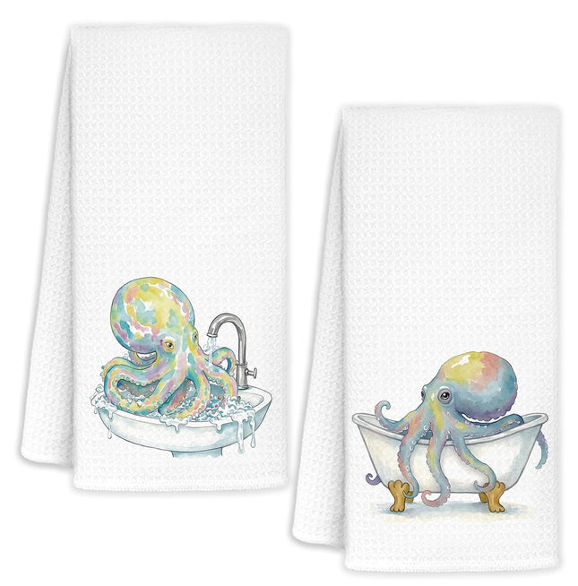 WUCHJ Funny Octopus Coastal Ocean Bathroom Hand Towels Set of 2, Octopus Gifts, Kids Bathroom Decor, Coastal Nautical Beach Hand Towels for Bath Room Washroom Toilet, 16x24 Inch