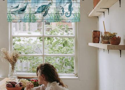 Sea Turtle Valances for Windows, Nautical Shark Valance Curtains, Coastal Marine Life Kitchen Curtains, Bathroom Curtains Window 54x18 Short Curtains, Kitchen Window Curtains Over Sink, Cafe Curtains