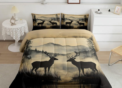 Erosebridal Rustic Deer Comforter Set for Kids Teens Adults, Woodland Animal Hunting Themed Twin Size Bedding Set, Nature Lake Scenery Duvet Insert Country Cabin Lodge Quilt, Black Reversible