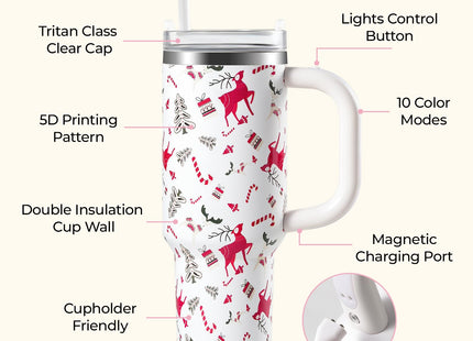 JoviaFesta 40oz Christmas Tumbler with Rechargeable LED Light-Up Handle - Stainless Steel Vacuum Insulated Cup with Lid & Straw - Ideal for Water, Iced Tea, Coffee - Christmas Gift (Reindeer)