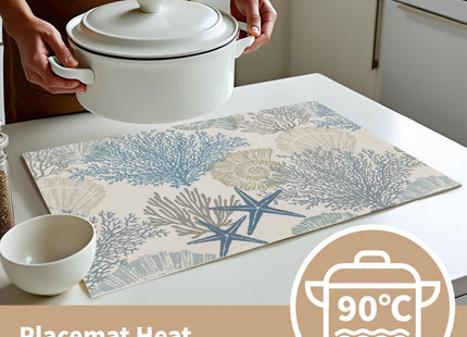 Nautical Coastal Placemats Set of 4 18x12 Inch Summer Beach Themed Linen Place Mats Heat-Resistant Washable Wipeable Seashell Starfish Coral Table Mat for Party Kitchen Dining Room Dinner Table Decor
