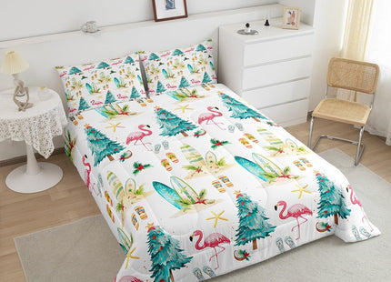 Christmas Beach Bedding Comforter Sets Queen,Watercolor Summer Christmas Trees Flamingo Bedding Set for Bedroom,Seaside Surfboard Slippers Summer Theme with 1 Comforter and 2 Pillow Cases