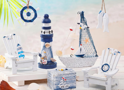 7 Pieces Wooden Box Wooden Lighthouse Mini Sailboat Anchor Fish Hanging Starfish Model Spring Summer Easter Tree Ornament Decoration Aquarium Decor Landscape Tank Ornament Office Mini Garden Landscape