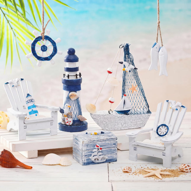 7 Pieces Wooden Box Wooden Lighthouse Mini Sailboat Anchor Fish Hanging Starfish Model Spring Summer Easter Tree Ornament Decoration Aquarium Decor Landscape Tank Ornament Office Mini Garden Landscape