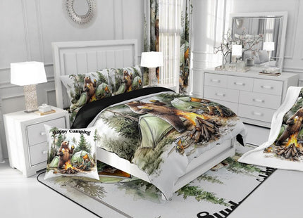 Erosebridal Happy Camping Queen Comforter Set,RV Camper Bedding Sets for Travel Trailer Bunk,Forest Bear Quilt Bed Set for Kids Adults,Rustic Farmhouse Bedroom Decor,2 Pillowcases All Season