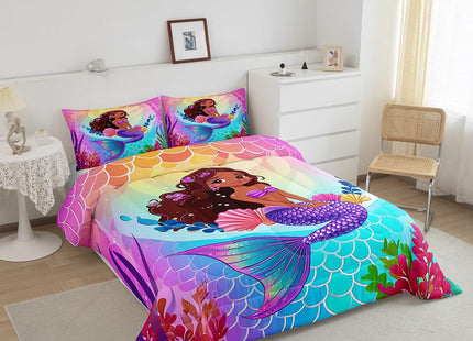 Erosebridal Black Girl Bedding Sets Twin Cute Mermaid Comforter Set, Pretty Princess Bedding Comforter Sets Purple Seashell Duvet Insert, Blue Ombre Fish Scales Quilted Duvet Coastal Beach Decor