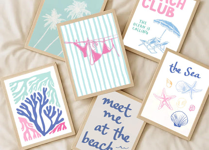 6pcs Blue Coastal Granddaughter Canvas Wall Art Summer Seashell Bikini Posters Prints Paintings Beach Preppy Aesthetic Wall Decor Pictures for Dorm Apartment Sea View Room Home Decoration Unframed