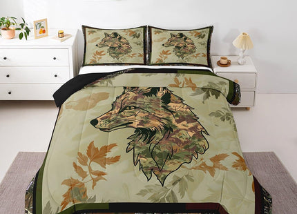 Wolf Bedding Set Twin For Boys Woodland Camo Hunting Comforter Set Army Green Tree Branches Camouflage Wild Animal Quilt Comforter For Adults Men,Botanical Leaves Rustic Duvet 1 Pillow Case