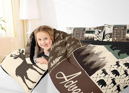 Rustic Patchwork Twin Bed Comforter Set, Hunting Deer Bear Bedding Retro Cabin Lodge Decor Quilt For Kids Boys Teens Men, Woodland Country Wild Animal Down Comforter Adventure Camping Decor, Brown