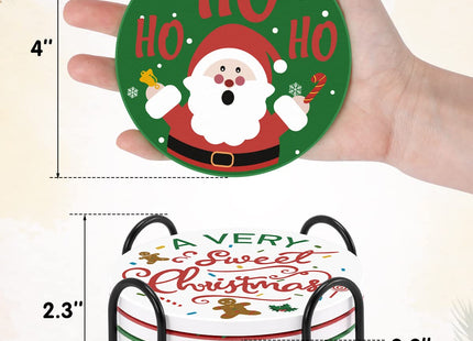 Christmas Coasters with Metal Holder Idea Round Absorbent Ceramic Stone Coasters Winter Holidays Christmas Tree Reindeer Santa Joy Snowman Gingerbread Cup Place Mat 4 Inches