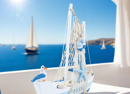 Wooden Sailboat Decor, Mini Sailing Boat Model, Home Decoration Set, Blue