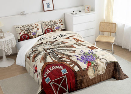 Erosebridal Western Farmhouse Quilt Bedding Sets Full Country Rustic Comforter Set for Cabin Lodge Cardinal Barn Lavender Windmill Duvet Insert Pastoral Rural Comforter 2 Pillow Cases Home Room Decor