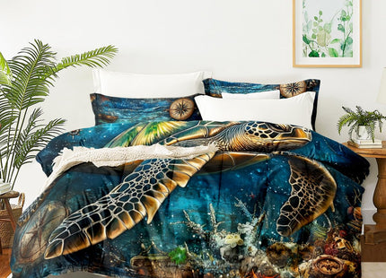 CCoutueChen Sea Turtle Comforter Set King, Turquoise Ocean Animal Lightweight Comforter, Underwater Creatures Bedding Set - 3Pcs Soft Fluffy Microfiber Bed Set with 2 Pillowcases/104 * 90