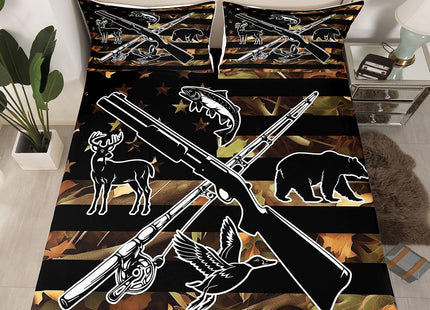 Hunting Fishing Bed Sheets For Kids Boys Men Camo American Flag Bedding Set Queen Wild Fish Duck Deer Bear Sheet Set Black Animal Silhouette Camouflage Fitted Sheet + Flat Sheet + 2 Pillow Cases