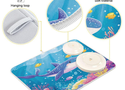ElliTarr Blue Whale Shark Coral Sea Dish Drying Mat for Kitchen Counter Microfiber Absorbent Dish Drainer Rack Mat Small Kitchen Drying Mat Heat Resistant Drying Pad for Counter 18x16